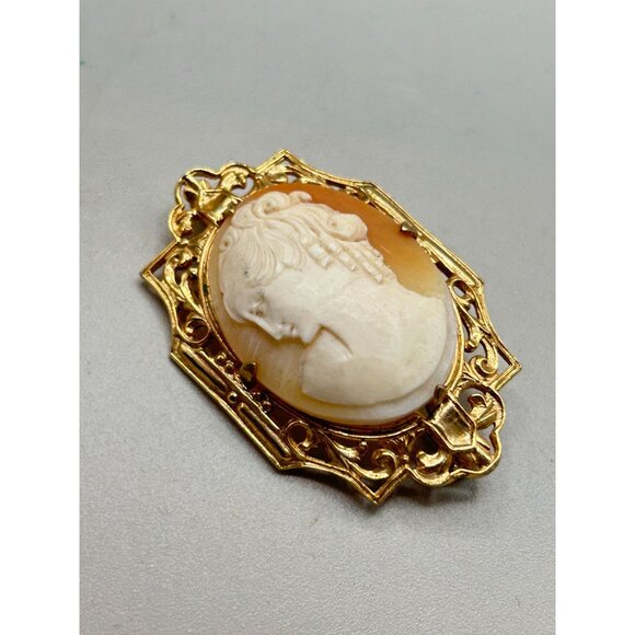 Vintage Cameo Pin Brooch Left Facing Genuine Carved Shell Art Deco Frame Setting - Picture 3 of 10